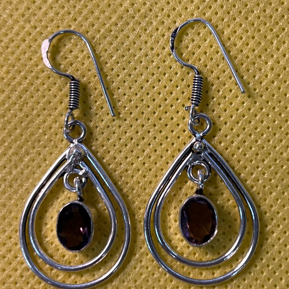 S925 Plated Silver Amethyst Loop Water Drop Dangle French Hook Pierced Earrings